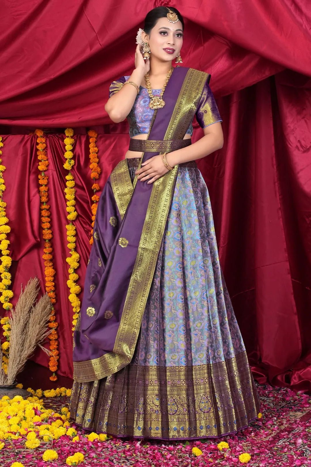Lavender Banarasi Silk Half Saree With Zari Weaving - Gajiwala