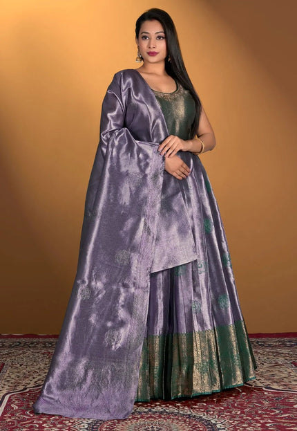 Lavender Banarasi Silk Zari Woven Gown With Dupatta - Gajiwala