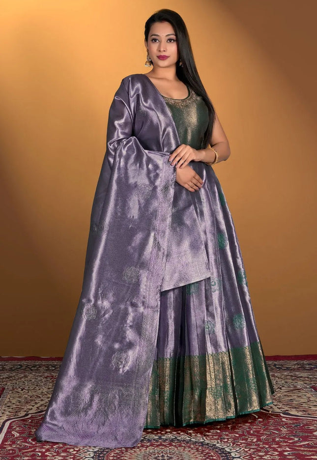 Lavender Banarasi Silk Zari Woven Gown With Dupatta - Gajiwala