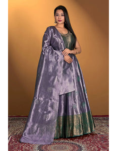Lavender Banarasi Silk Zari Woven Gown With Dupatta - Gajiwala