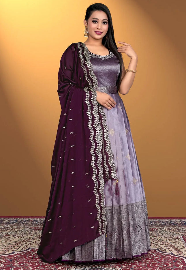 Lavender Banarasi Silk Zari Woven Gown With Dupatta - Gajiwala