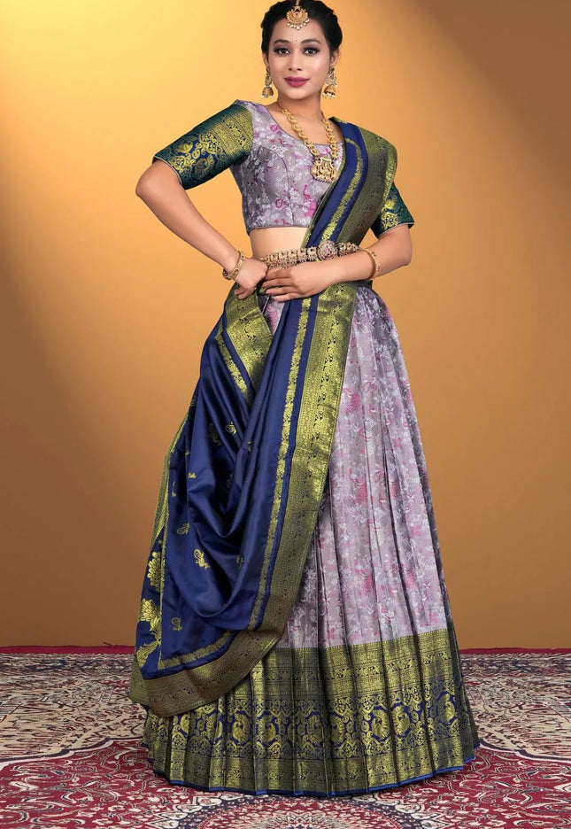 Lavender Banarasi Zari Silk Half Saree For Women - Gajiwala