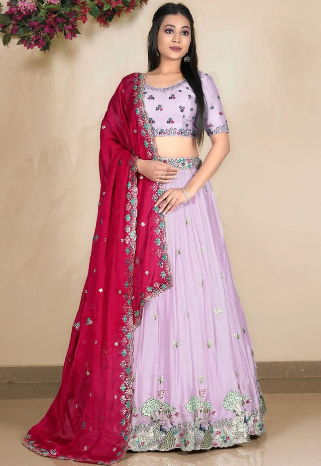 Lavender Embroidered Lehenga Choli In Satin Chiffon Fabric - Gajiwala