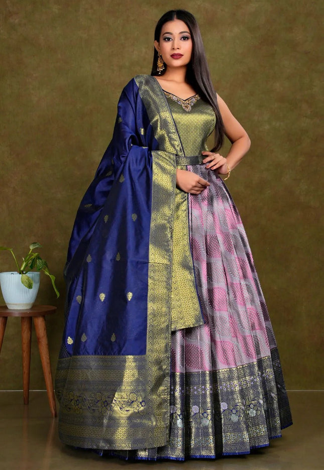 Lavender Long Banarasi Silk Gown With Dupatta - Gajiwala