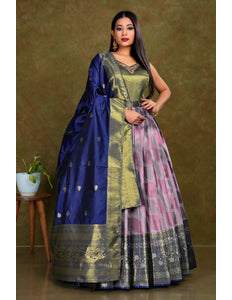Lavender Long Banarasi Silk Gown With Dupatta - Gajiwala