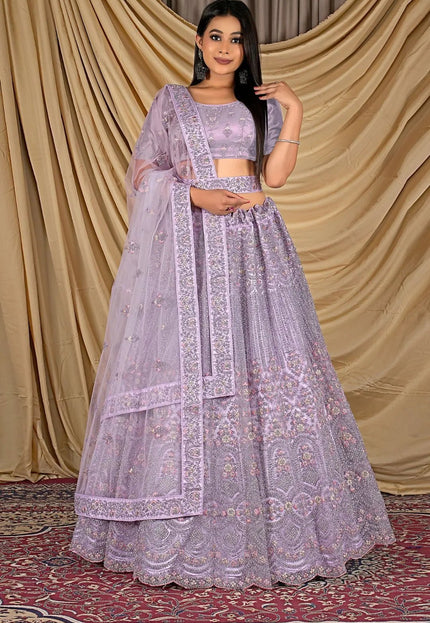 Lavender Party Wear Embroidered Net Lehenga Choli For Women - Gajiwala