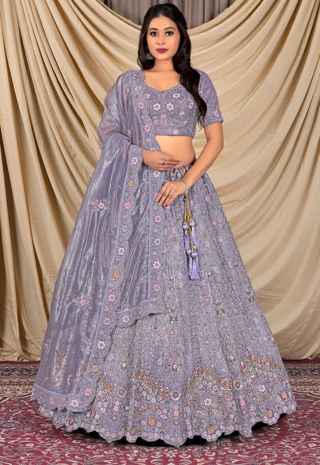 Lavender Party Wear Embroidered Twill Net Lehenga Choli For Women - Gajiwala