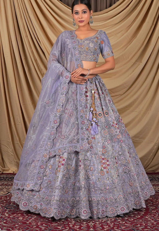 Lavender Party Wear Embroidered Twill Net Lehenga Choli For Women - Gajiwala