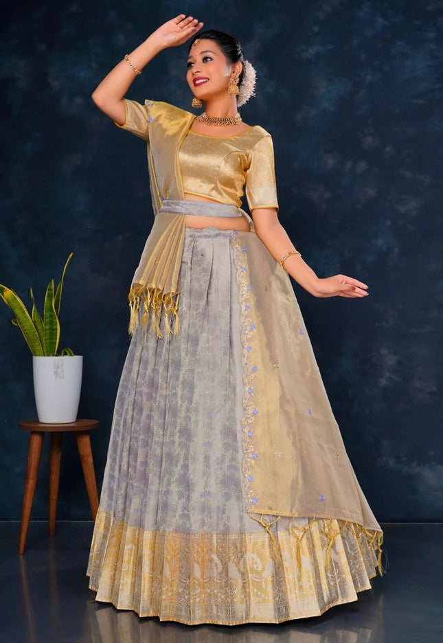 Lavender Pure Tissue Silk Half Saree with Zari Weaving - Gajiwala