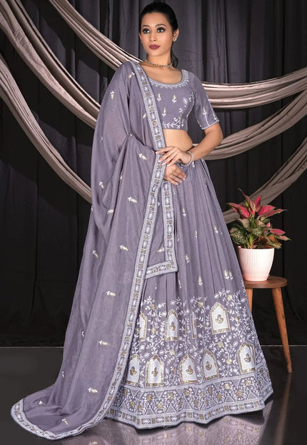 Lavender Vichitra Silk Crop Top Lehenga For Women - Gajiwala