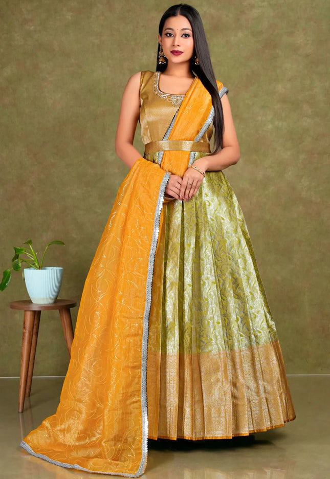 Lemon Banarasi Long Frock With Dupatta For Women - Gajiwala