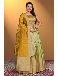 Lemon Designer Banarasi Gown With Dupatta - Gajiwala