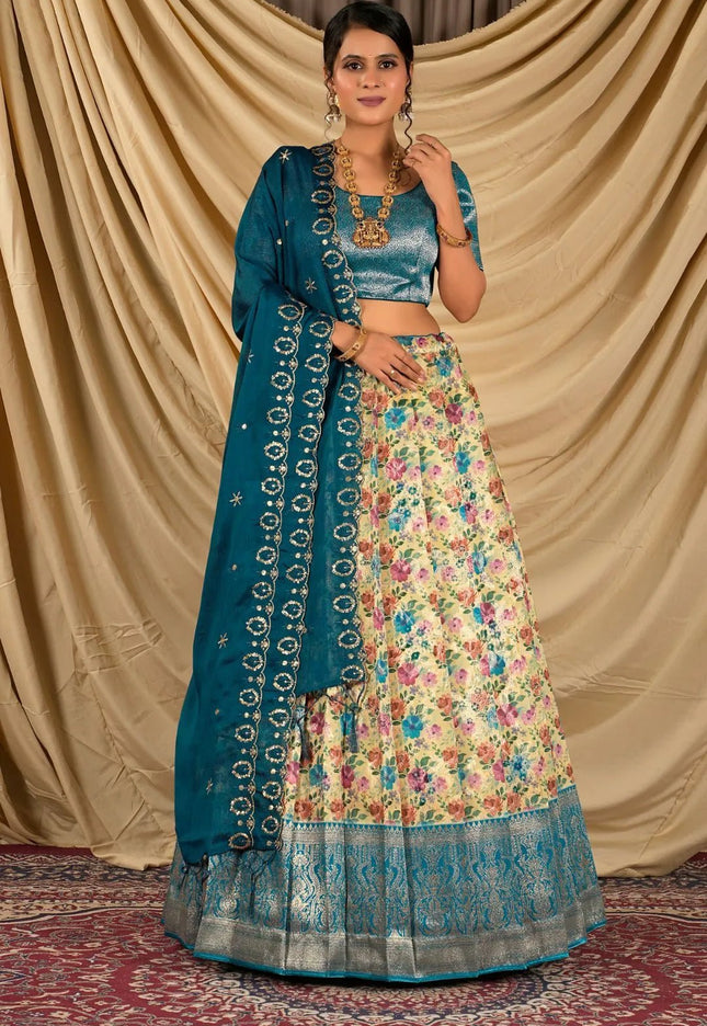 Lemon Digital Print Tissue Silk Lehenga Choli For Women - Gajiwala