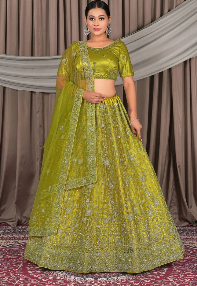 Lemon Embroidery Work Net Lehenga Choli - Gajiwala