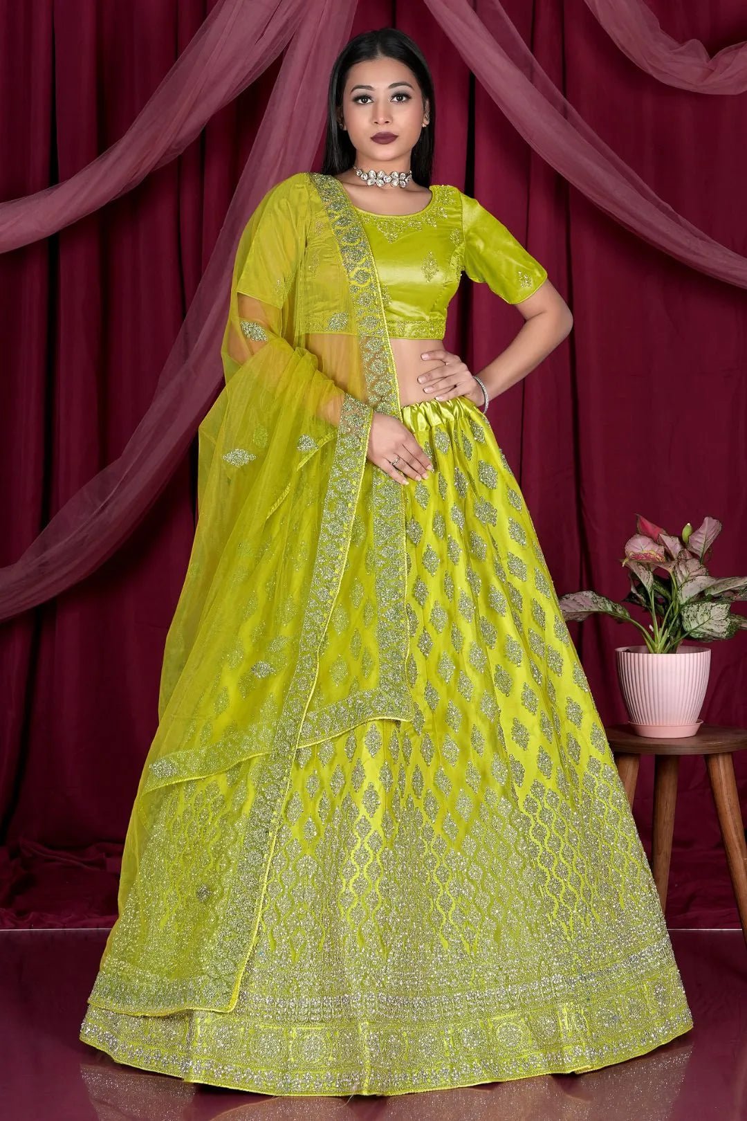 Lemon Embroidery Work Net Lehenga Choli - Gajiwala