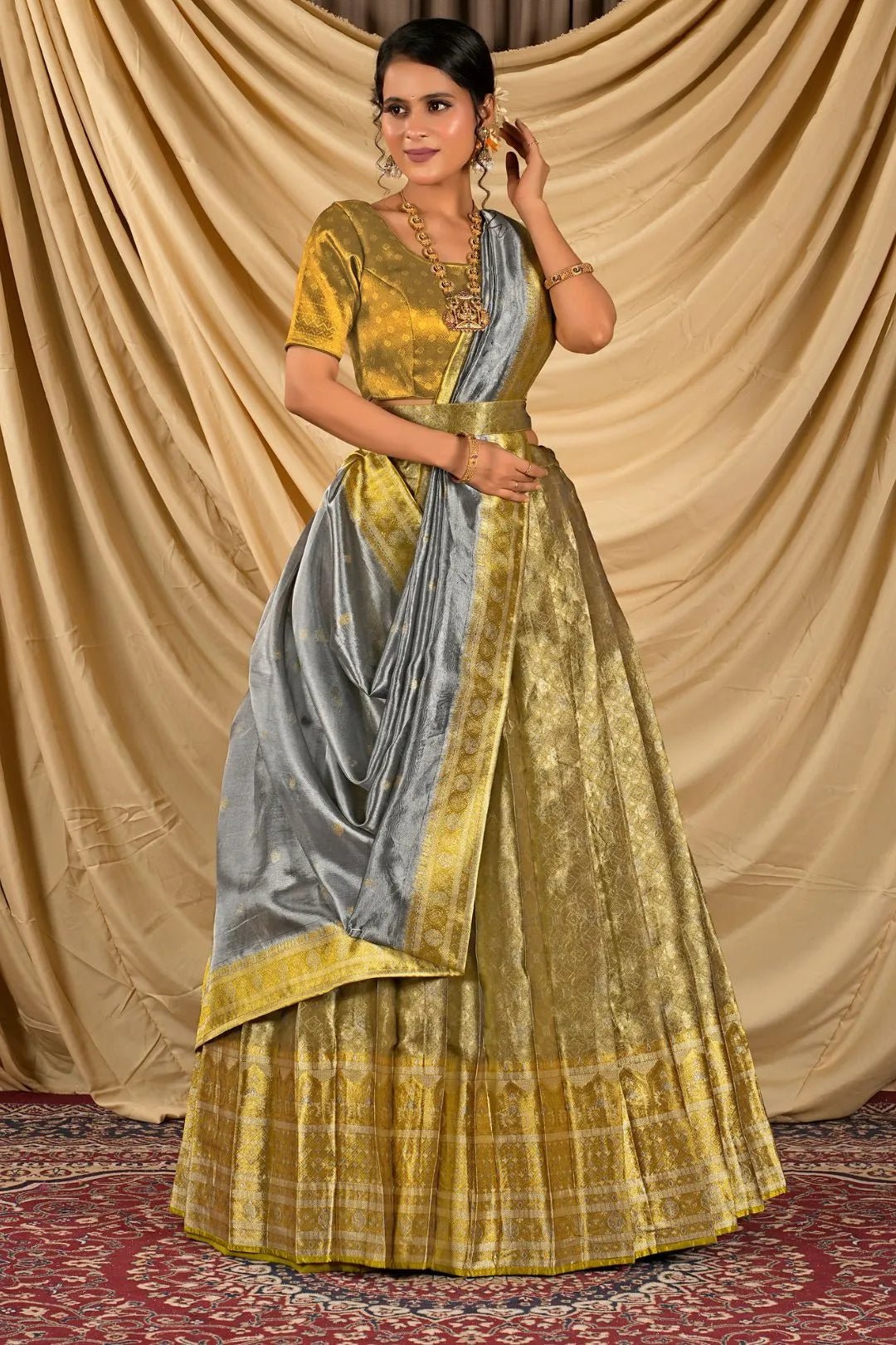 Light Gold Pure Two Tone Zari Tissue Lehenga Choli For Women - Gajiwala