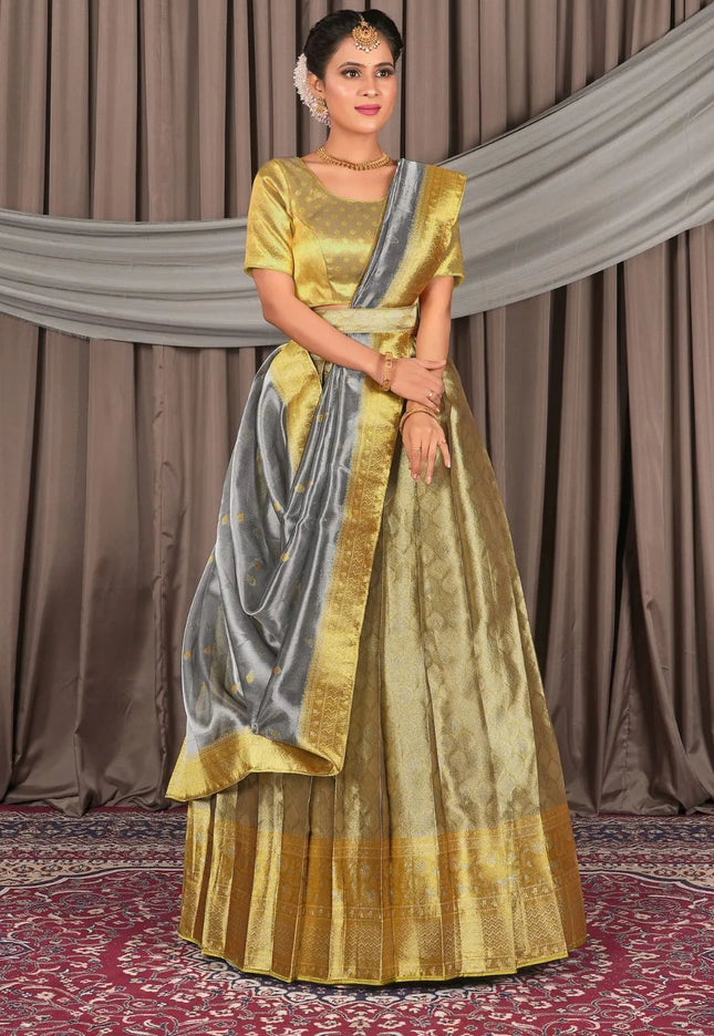 Light Gold Pure Two Tone Zari Tissue Pattu Half Saree For Women - Gajiwala