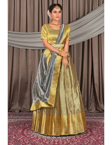 Light Gold Pure Two Tone Zari Tissue Pattu Half Saree For Women - Gajiwala