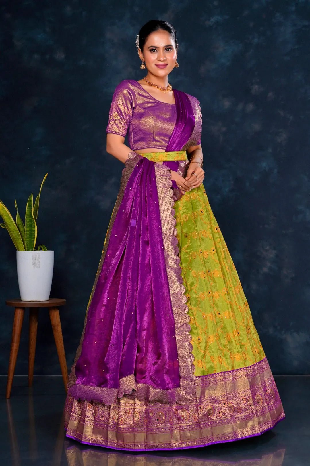 Light Green Banarasi Designer Half Saree For Women - Gajiwala