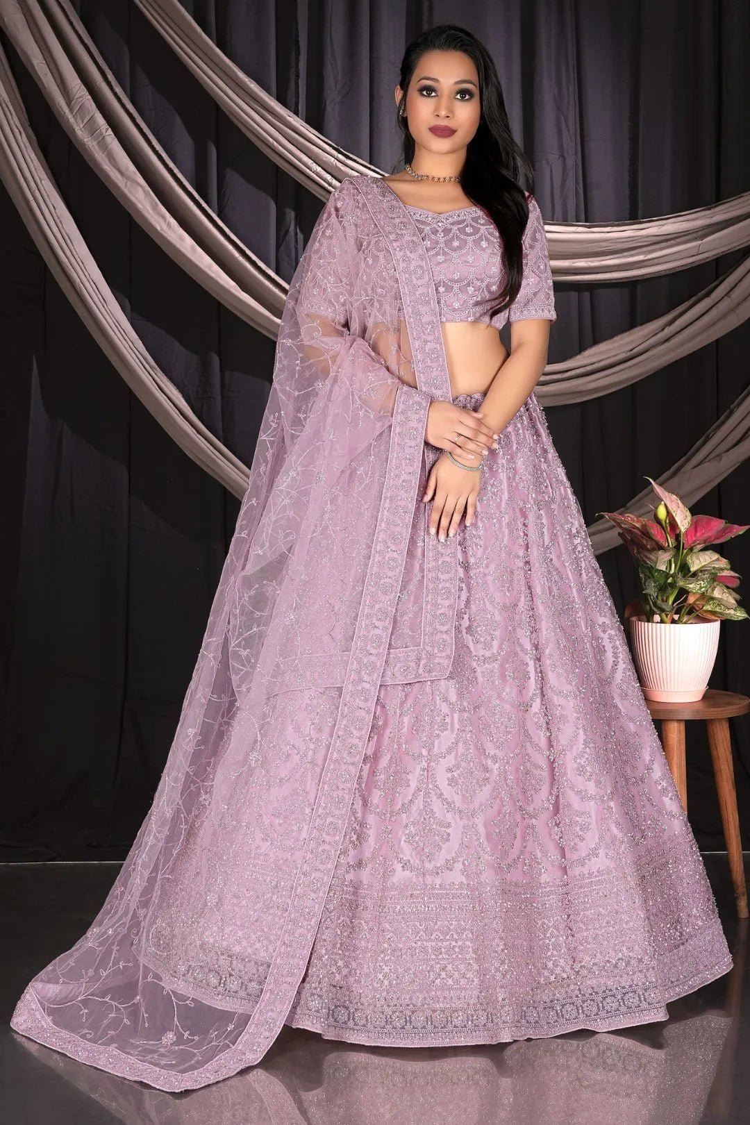 Light Pink Net Semi Stitch Embroidered Lehenga Choli For Women - Gajiwala