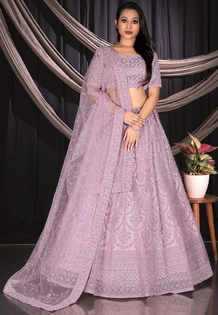 Light Pink Net Semi Stitch Embroidered Lehenga Choli For Women - Gajiwala