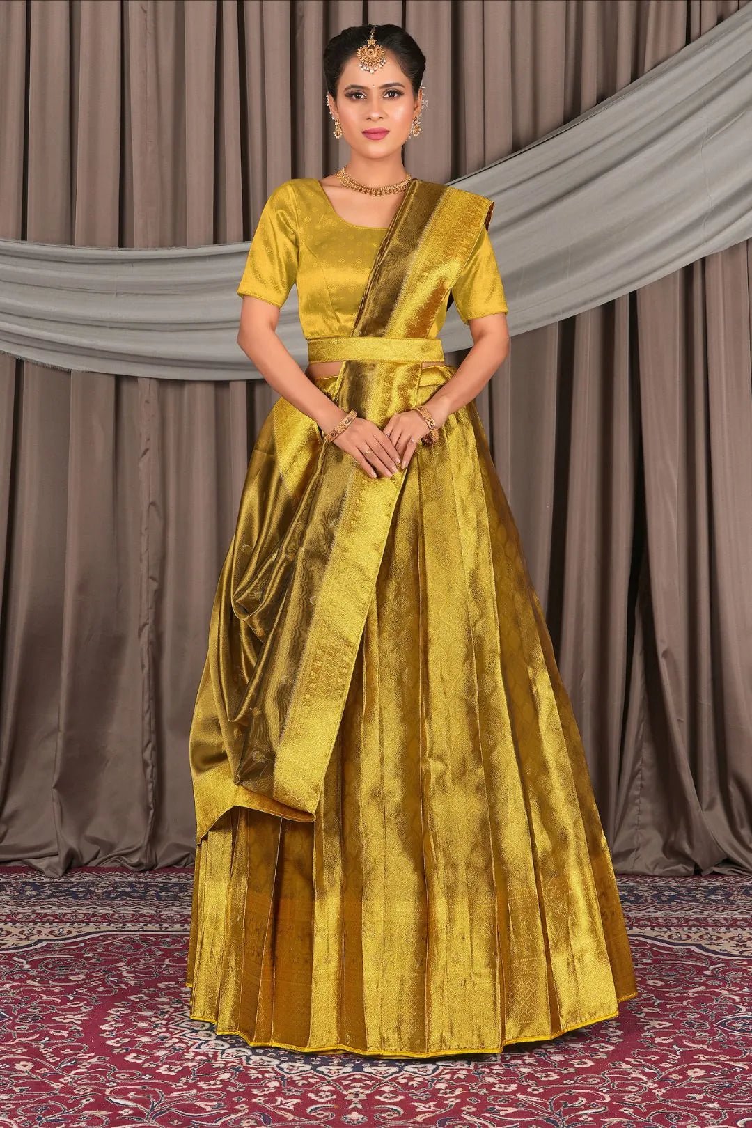 Liril Pure Two Tone Zari Tissue Pattu Half Saree For Women - Gajiwala