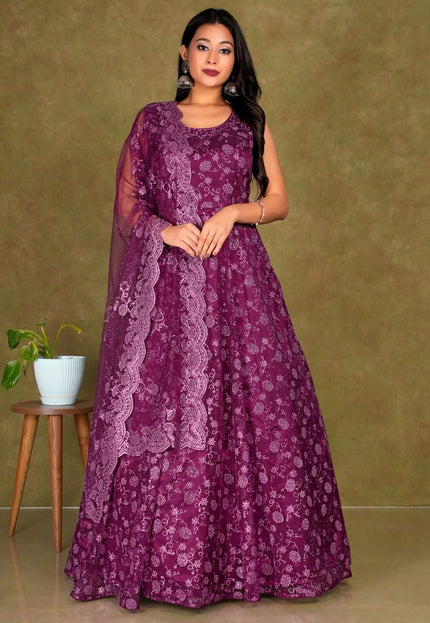 Maroon Colour Party Wear Net Gown For Women - Gajiwala