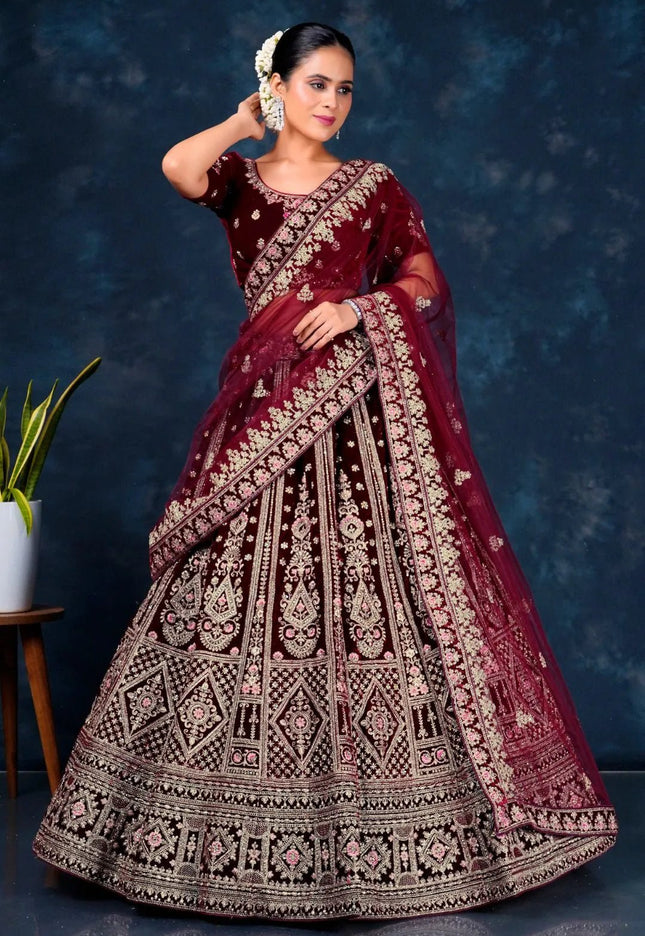 Maroon Embroidered Velvet Lehenga For Brides - Gajiwala