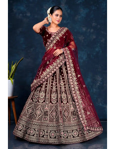 Maroon Embroidered Velvet Lehenga For Brides - Gajiwala