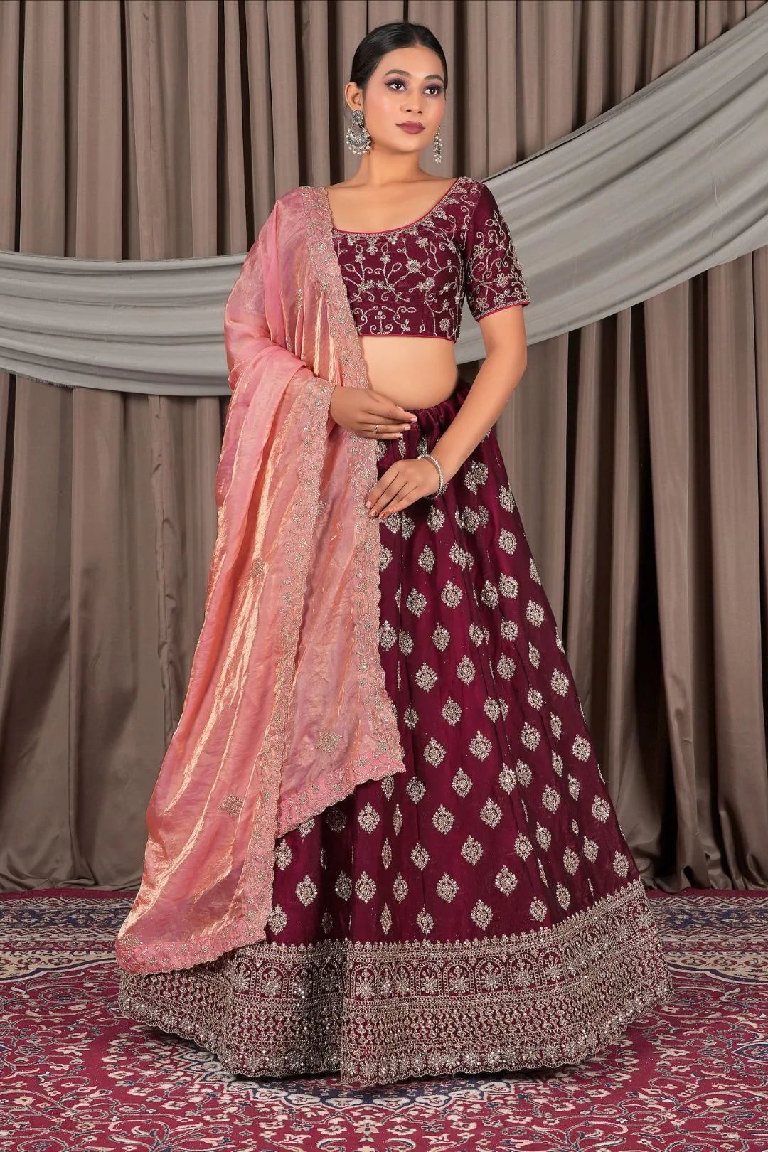 Maroon Fendy Silk Semi - Stitched Lehenga For Women - Gajiwala