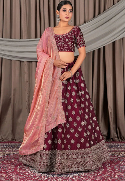 Maroon Fendy Silk Semi - Stitched Lehenga For Women - Gajiwala