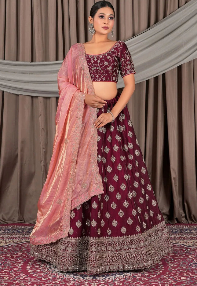Maroon Fendy Silk Semi - Stitched Lehenga For Women - Gajiwala