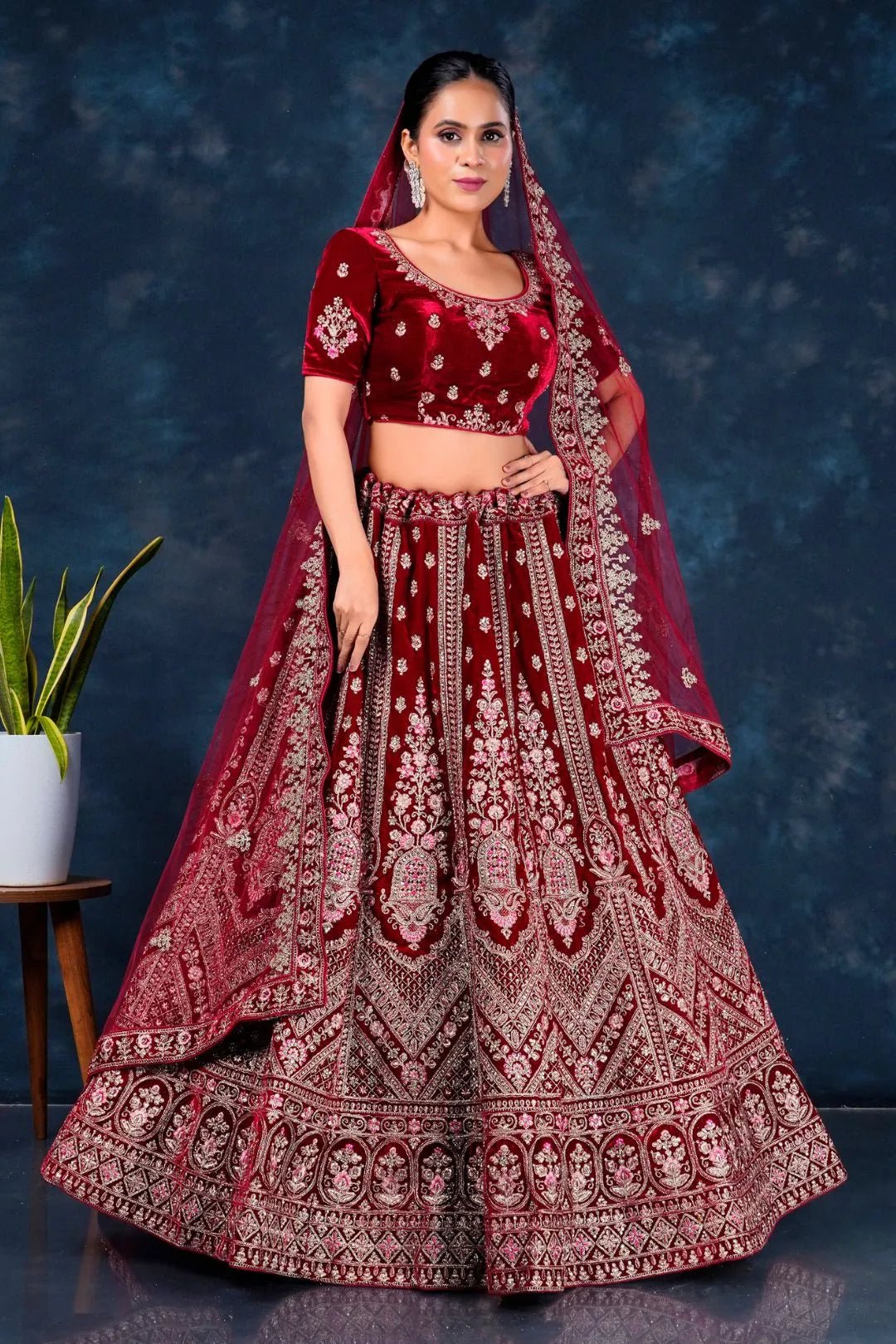 Maroon Heavy Designer Bridal Lehenga in Velvet - Gajiwala