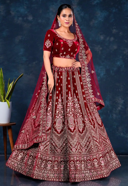Maroon Heavy Designer Bridal Lehenga in Velvet - Gajiwala