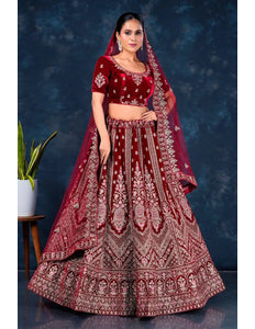 Maroon Heavy Designer Bridal Lehenga in Velvet - Gajiwala