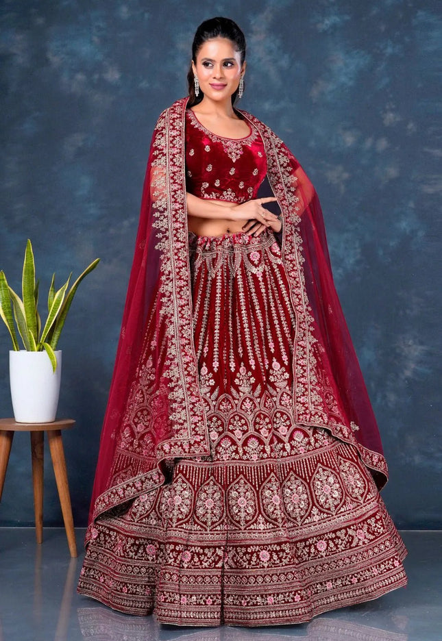Maroon Heavy Designer Velvet Lehenga For Brides - Gajiwala