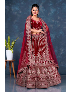 Maroon Heavy Designer Velvet Lehenga For Brides - Gajiwala