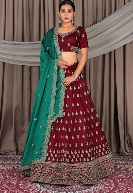 Maroon Net Designer Lehenga Choli with Rangoli Dupatta - Gajiwala
