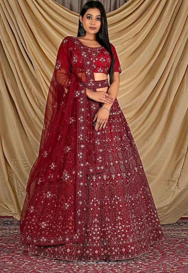 Maroon Party Wear Embroidered Net Lehenga Choli For Women - Gajiwala