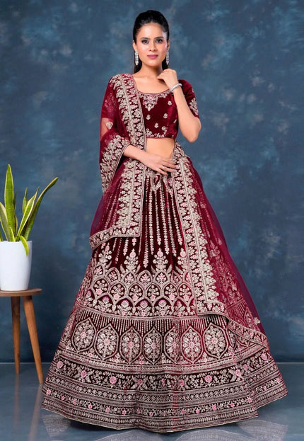 Maroon Velvet Bridal Lehenga Choli For Wedding - Gajiwala