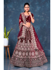 Maroon Velvet Bridal Lehenga Choli For Wedding - Gajiwala