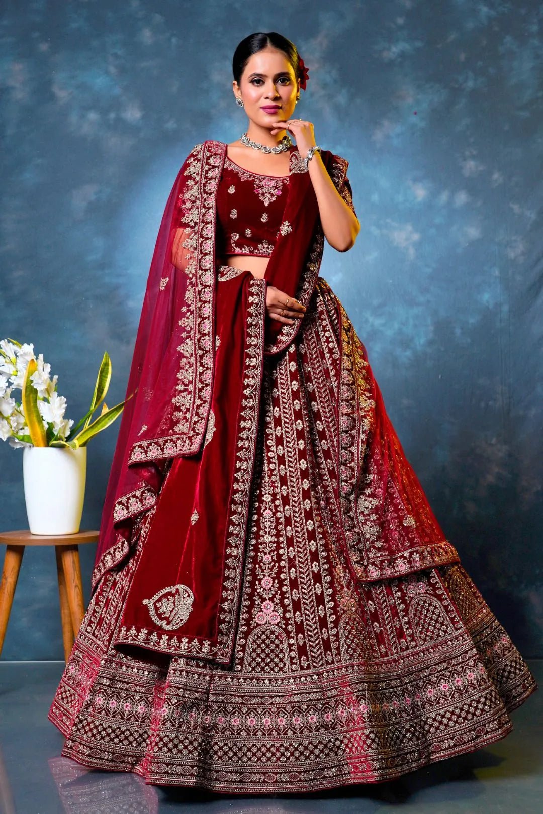 Maroon Velvet Designer Bridal Lehenga Choli Latest Design - Gajiwala