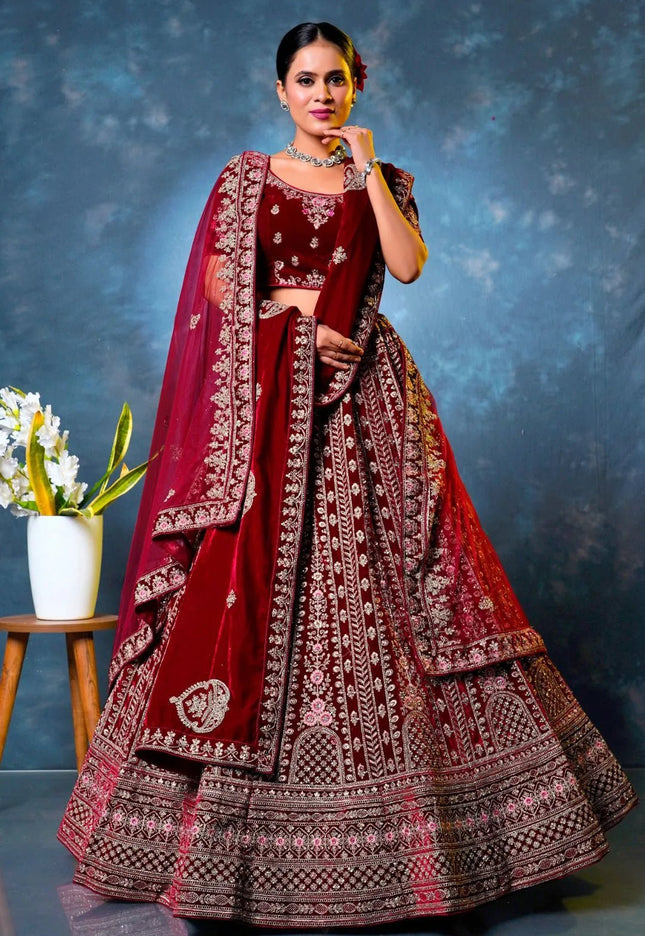 Maroon Velvet Designer Bridal Lehenga Choli Latest Design - Gajiwala
