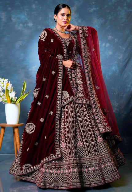 Maroon Velvet Designer Bridal Lehenga Choli Latest Design - Gajiwala