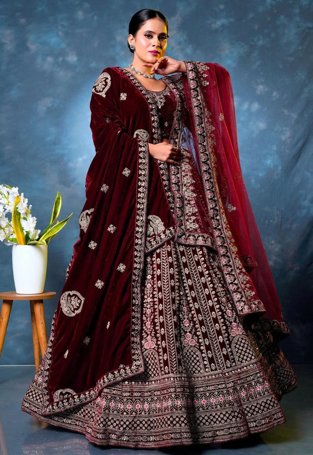 Maroon Velvet Designer Bridal Lehenga Choli Latest Design - Gajiwala