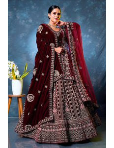 Maroon Velvet Designer Bridal Lehenga Choli Latest Design - Gajiwala