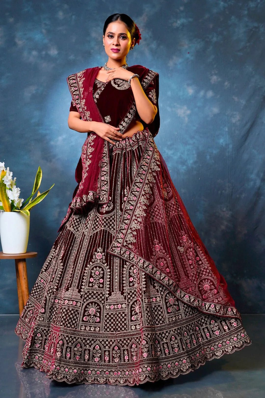 Maroon Velvet Designer Bridal Lehenga Choli with Double Dupatta - Gajiwala