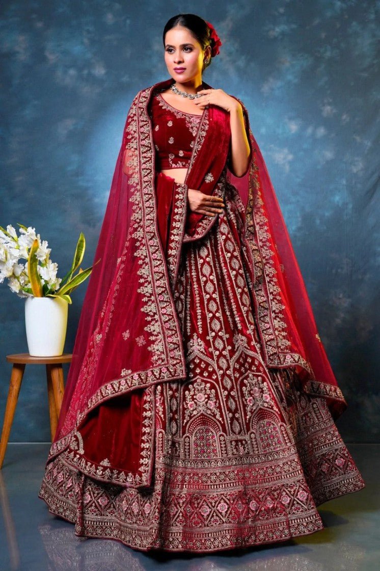 Maroon Velvet Designer Bridal Lehenga Choli with Double Dupatta- Gajiwala