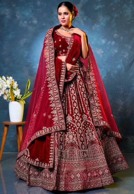 Maroon Velvet Designer Bridal Lehenga Choli with Double Dupatta- Gajiwala