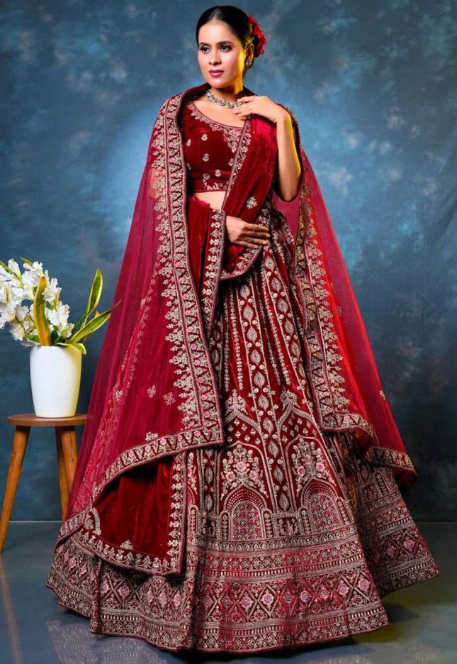 Maroon Velvet Designer Bridal Lehenga Choli with Double Dupatta- Gajiwala